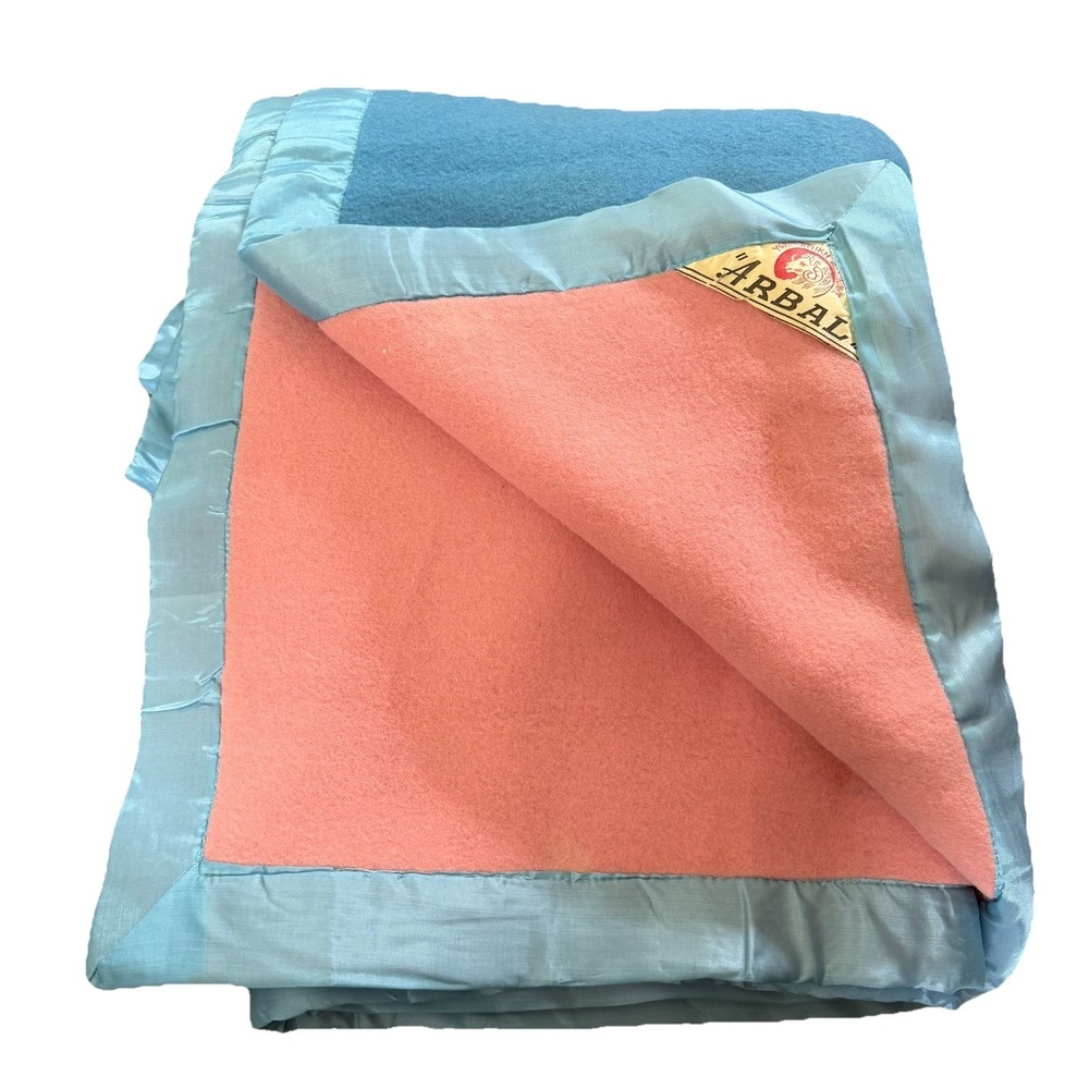 Vintage Arbal Greek  Wool Blanket Satin Trim Reversible Pink‎ Blue MCM Heavy